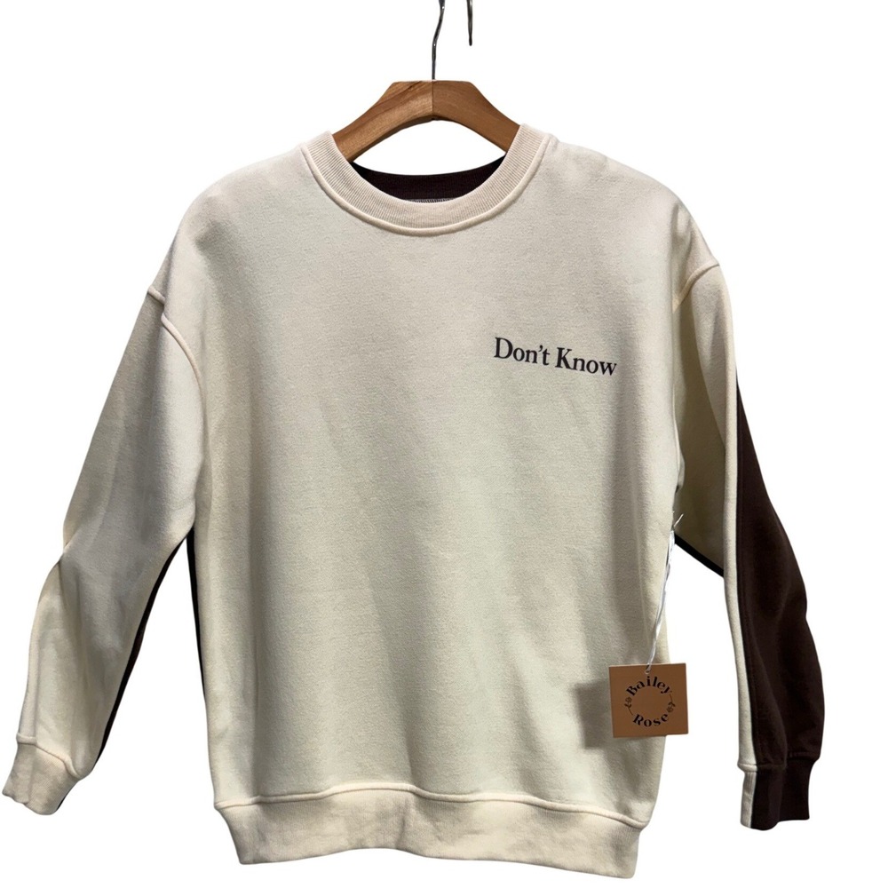 Bailey Rose NEW Pullover Cream Cocoa Don't Know Don't Care Graphic Colorblock S